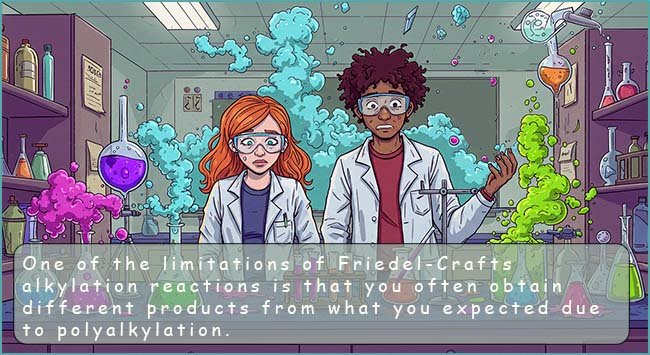 Cartoon style to show limitation of Friedel-Crafts alkylation reactions due to polyalkylation.